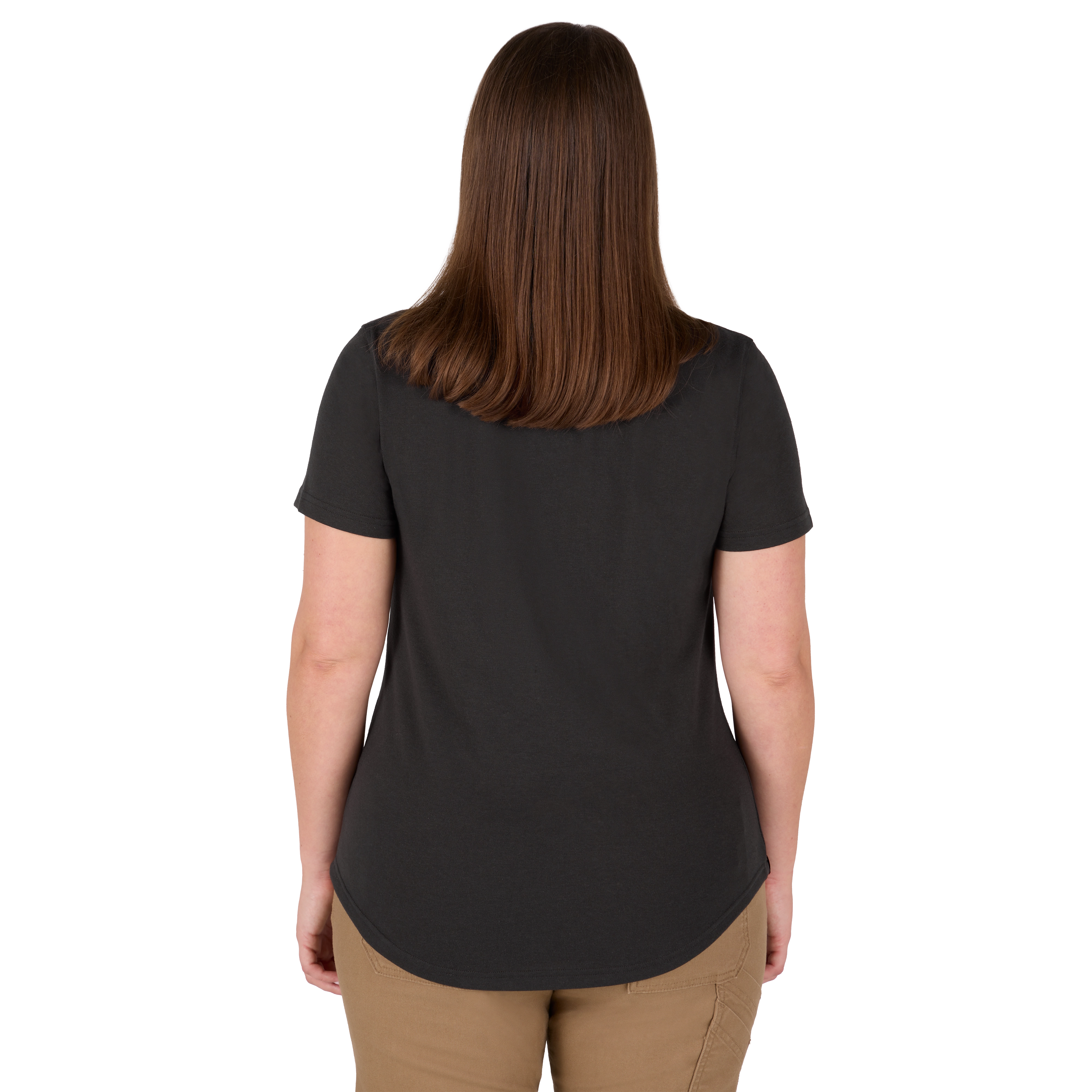 A woman is shown from the back wearing the Women's FREEFLEX™ Hybrid Tee - Short Sleeve Black. The tee is plain black with short sleeves and a rounded hem, paired with beige pants.