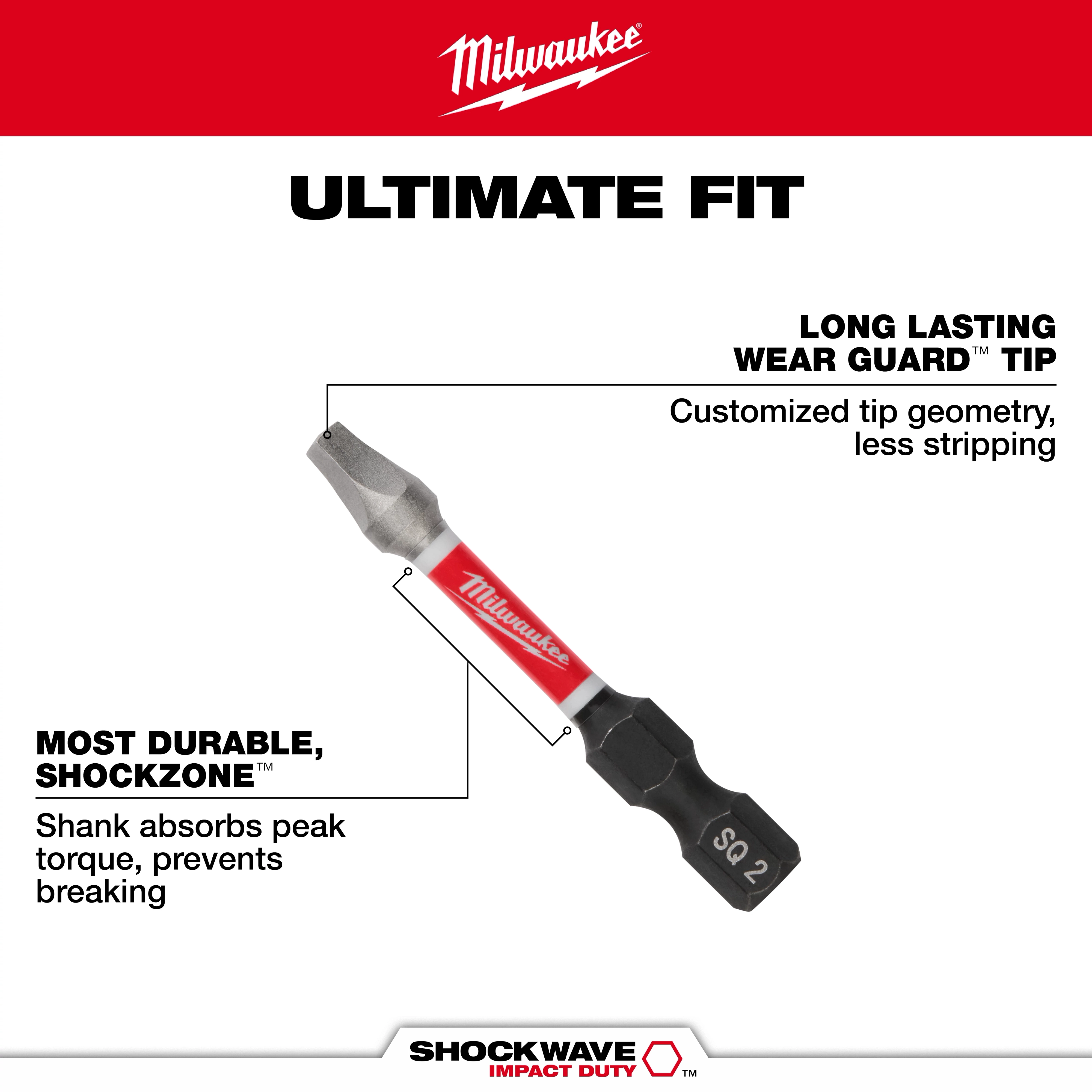 The image shows a Milwaukee tool with the label "SHOCKWAVE™ Square Walk Around". It features a long-lasting Wear Guard™ tip for reduced stripping and a Shockzone™ shank for absorbing peak torque to prevent breaking. The text "Ultimate Fit" is prominently displayed at the top.