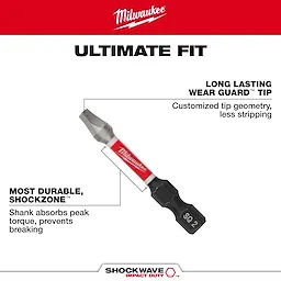 The image shows a Milwaukee tool with the label "SHOCKWAVE™ Square Walk Around". It features a long-lasting Wear Guard™ tip for reduced stripping and a Shockzone™ shank for absorbing peak torque to prevent breaking. The text "Ultimate Fit" is prominently displayed at the top.