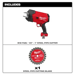 The image shows the Milwaukee M18 FUEL 1/2" - 1" Steel Pipe Cutter and one steel pipe cutting blade. The top section displays the red and black pipe cutter, while the bottom section features a circular blade with a red center. Text labels the items included in the package.