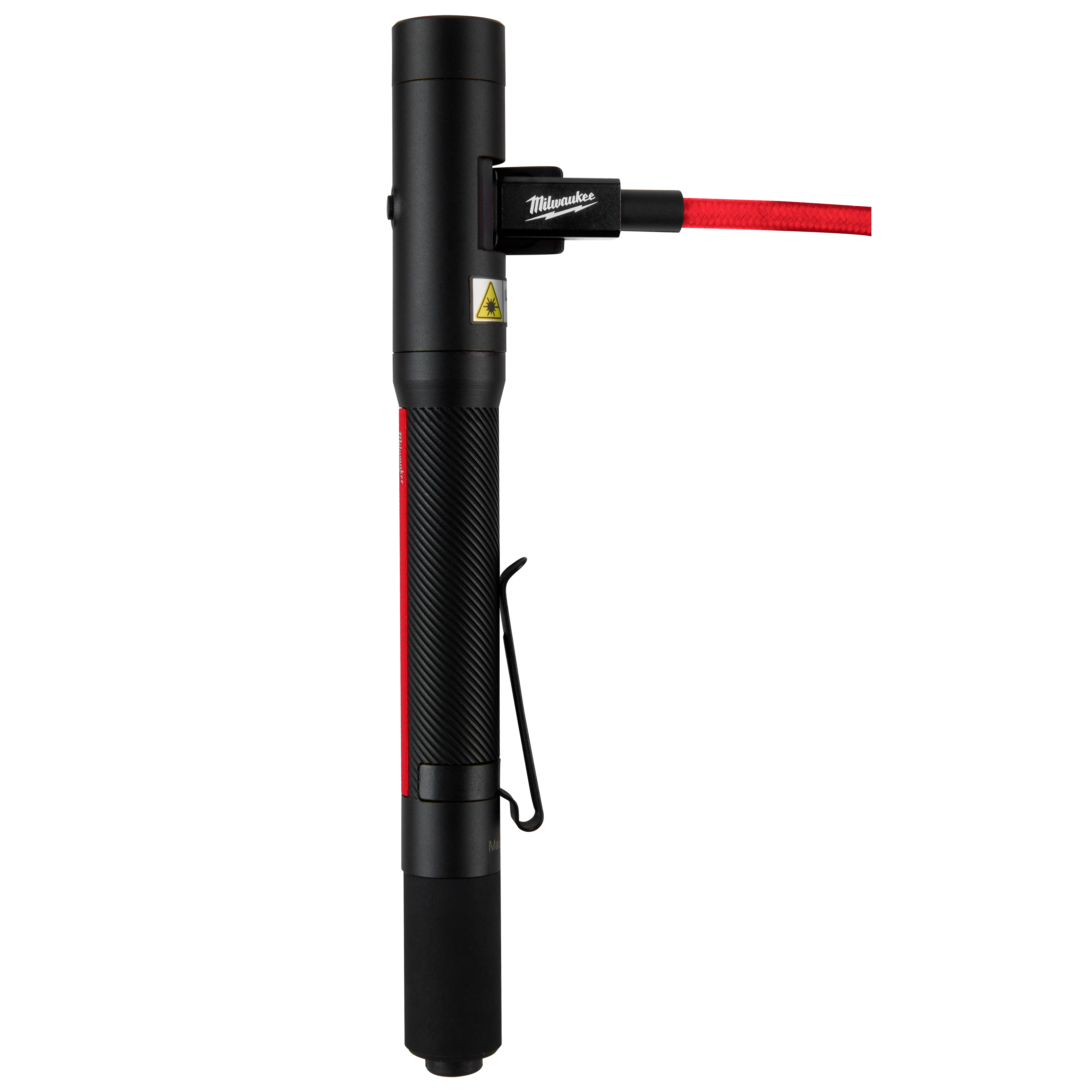 MILWAUKEE® RECHARGEABLE 250L PENLIGHT W/ LASER features a black cylindrical design with textured grip. It has a clip for attaching to pockets and a laser pointer integrated. The penlight is rechargeable and includes a red charging cable connected at the top.