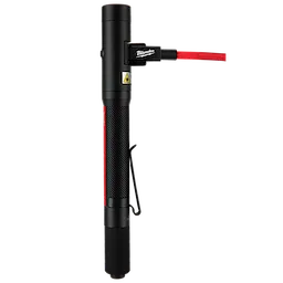 MILWAUKEE® RECHARGEABLE 250L PENLIGHT W/ LASER features a black cylindrical design with textured grip. It has a clip for attaching to pockets and a laser pointer integrated. The penlight is rechargeable and includes a red charging cable connected at the top.