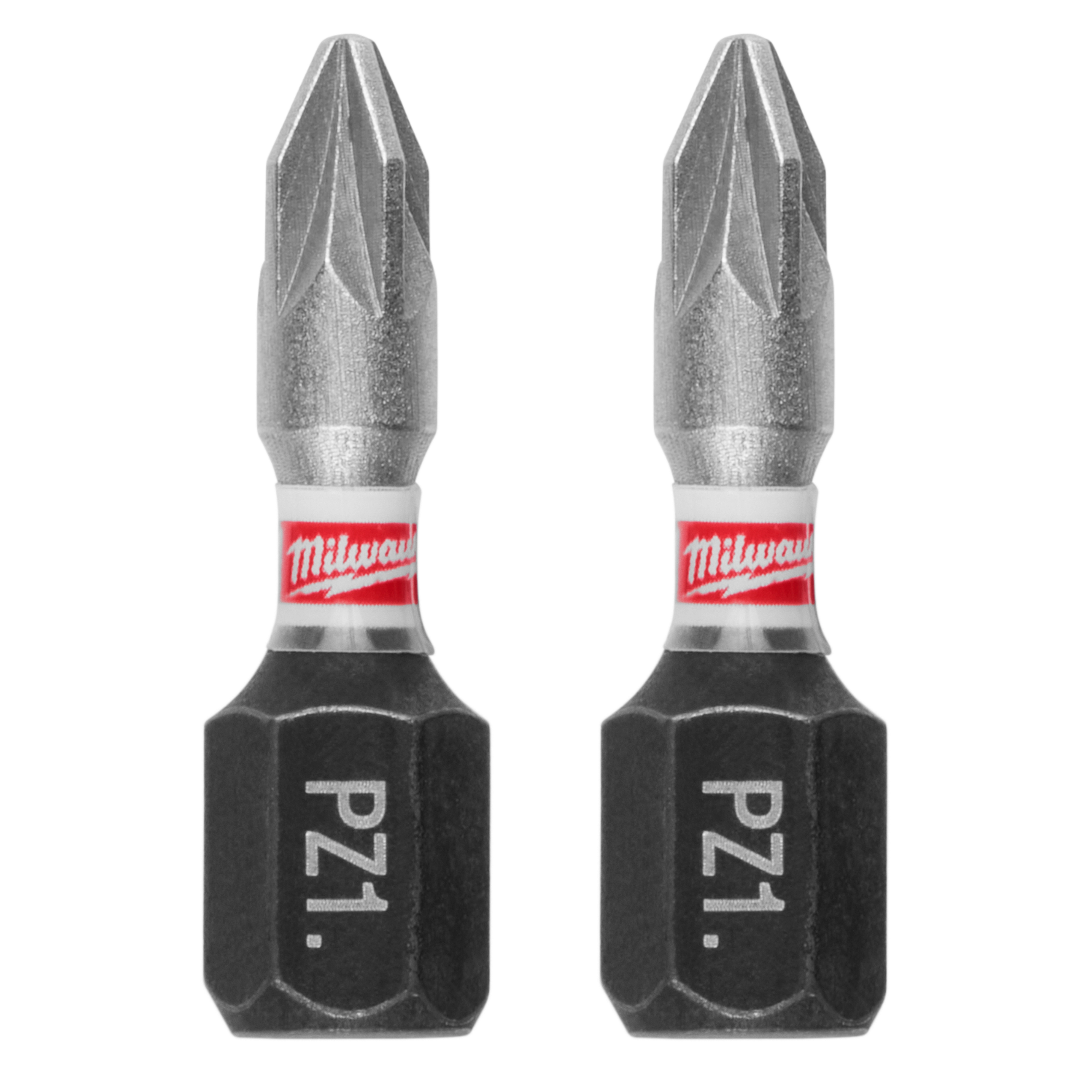The image shows two SHOCKWAVE™ 1" Impact Duty Pozidriv #1 Insert Bits (2 PK). The bits are labeled with "PZ1" and feature a black base with a metallic tip, and a red and white "Milwaukee" branding band near the top.