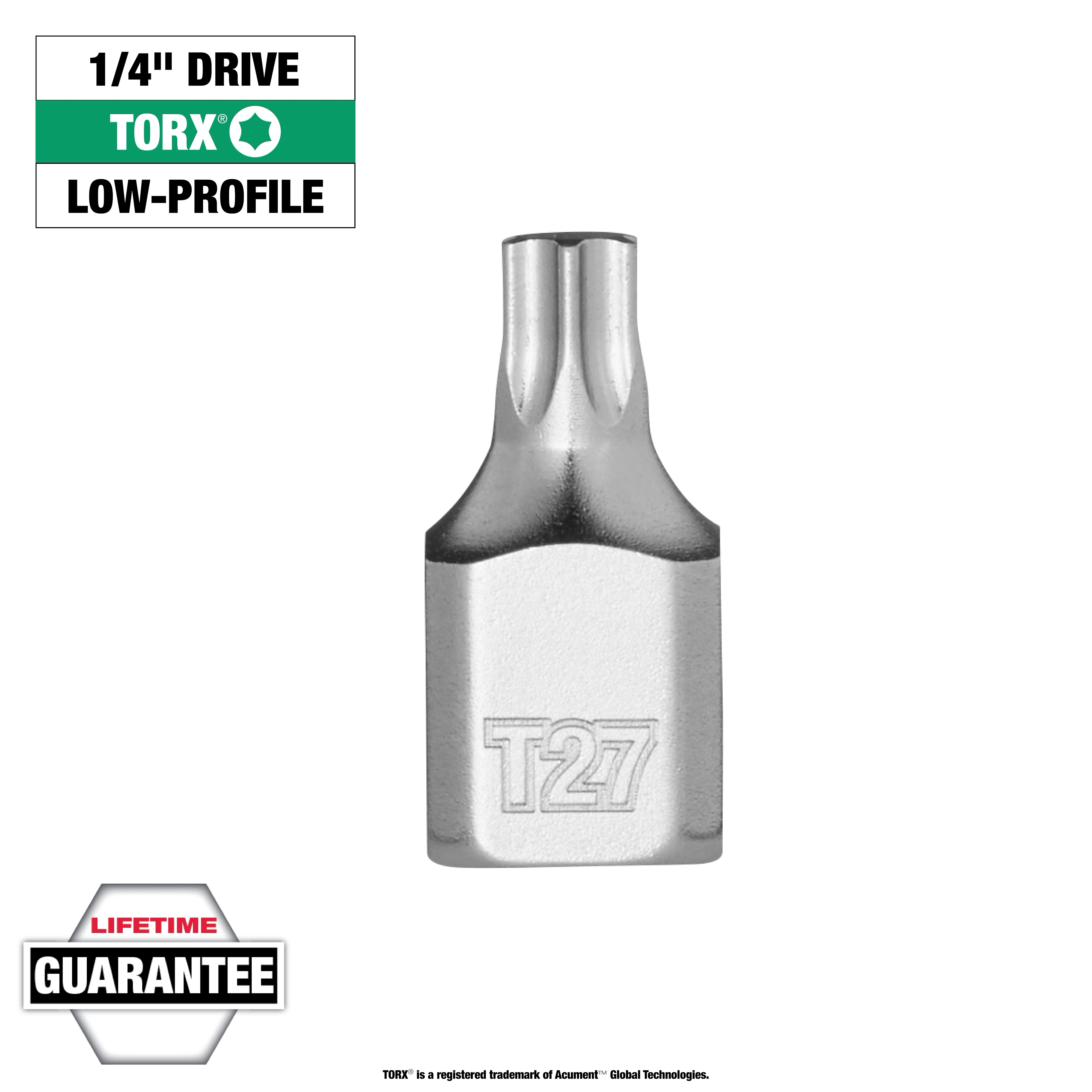 1/4" Drive T27 Low-Profile TORX Bit Socket, featuring T27 marking. Includes lifetime guarantee and low-profile design.