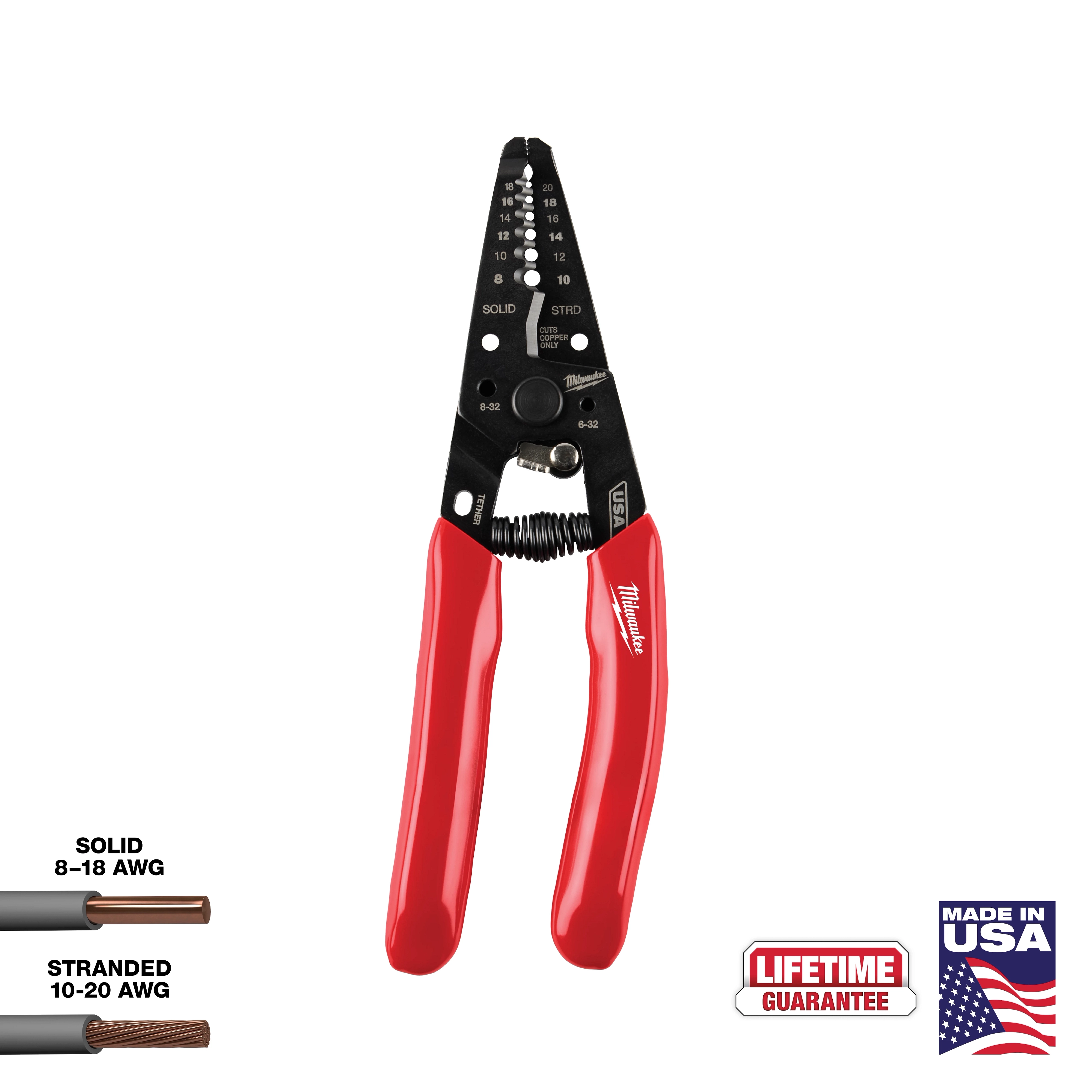 8-20 AWG Dipped Grip Wire Stripper & Cutter with red handles, suitable for solid and stranded wires. Made in the USA, lifetime guarantee.