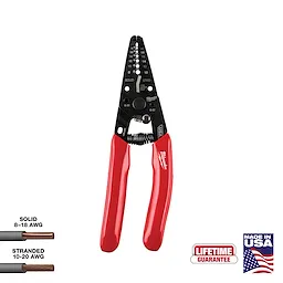 8-20 AWG Dipped Grip Wire Stripper & Cutter with red handles, suitable for solid and stranded wires. Made in the USA, lifetime guarantee.