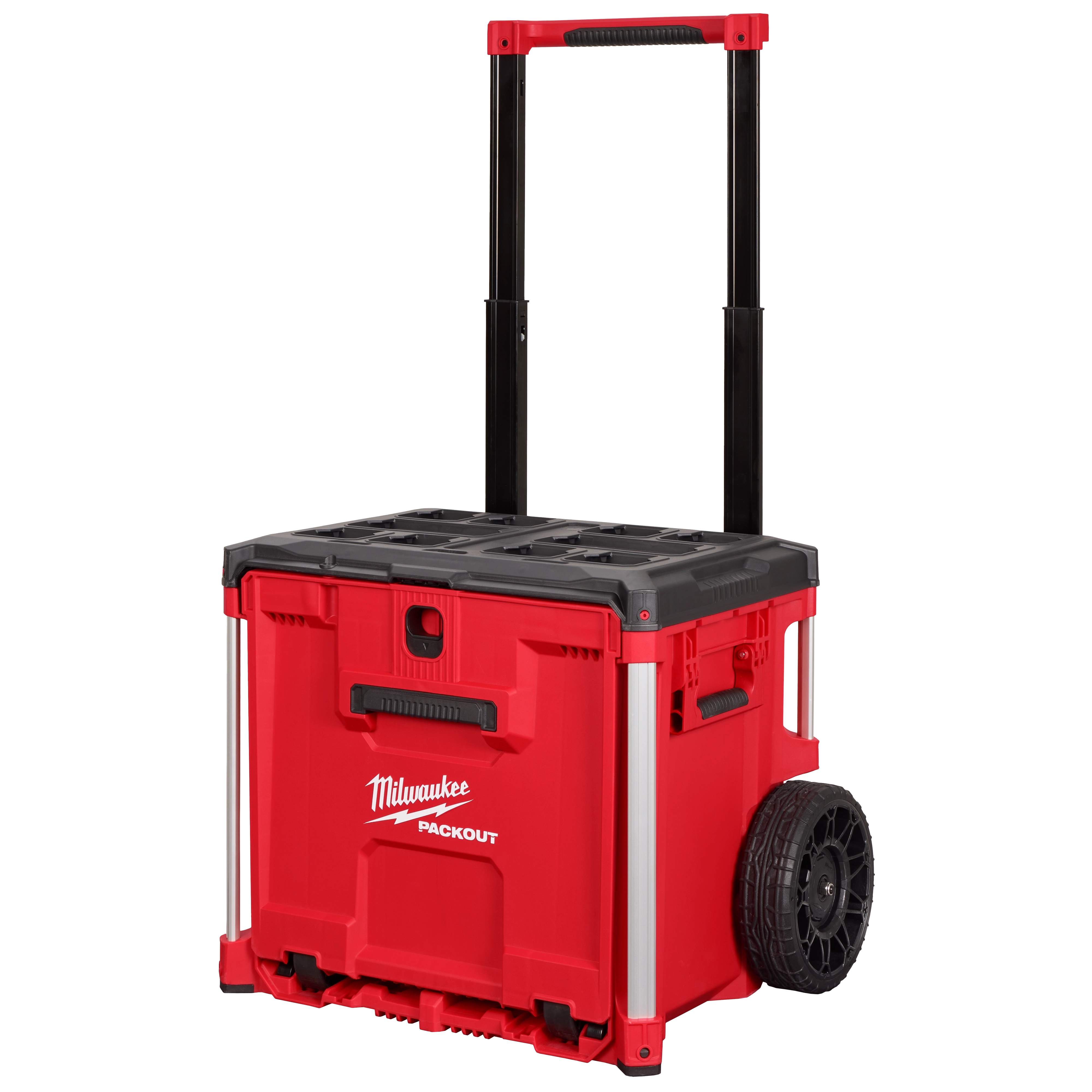 The PACKOUT™ Rolling Drawer Tool Box is a red and black portable tool storage unit with large wheels and a telescoping handle, designed by Milwaukee.
