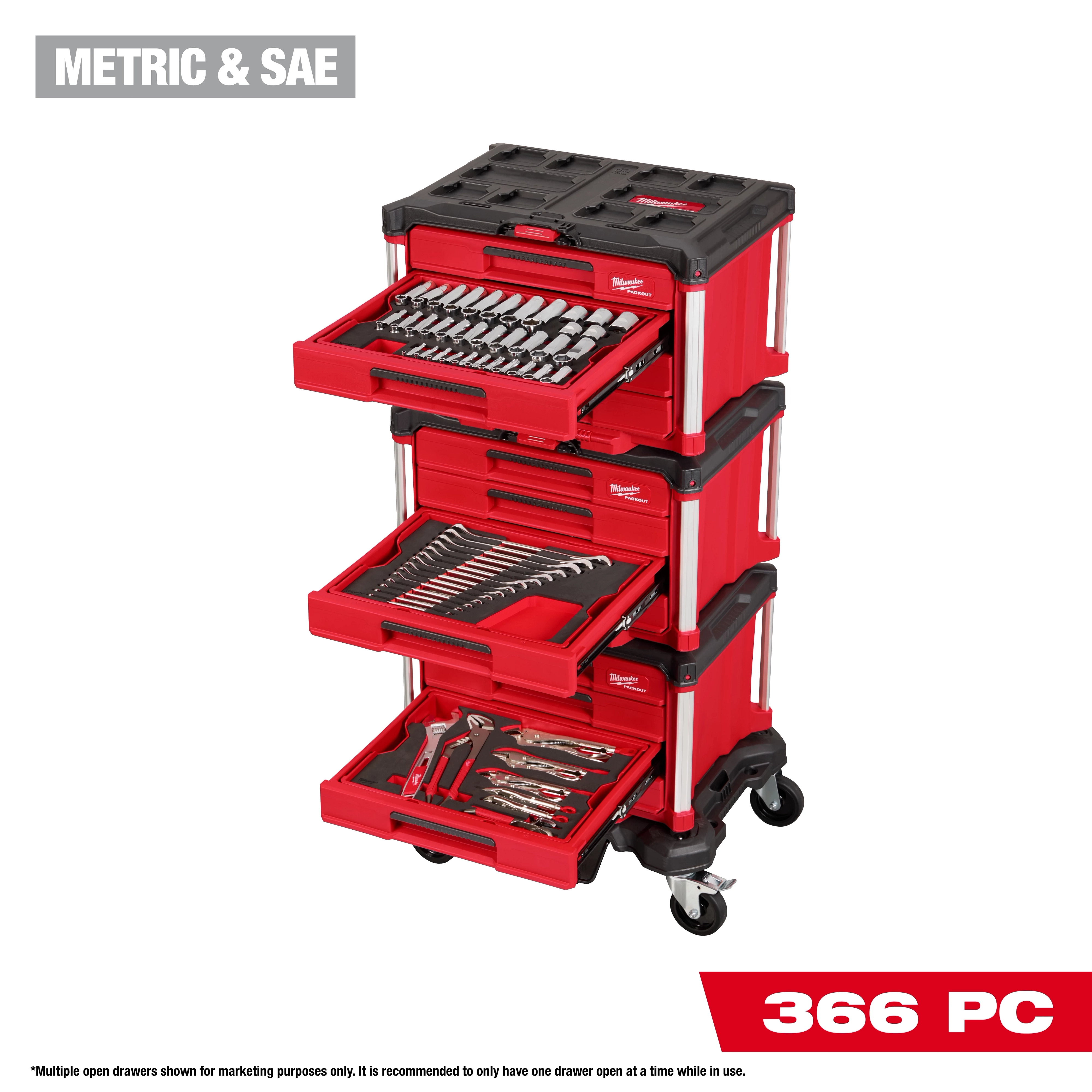 The 366pc. Master Mechanics Hand Tool Set with PACKOUT™ Drawers and Dolly includes red tool drawers on a wheeled dolly. The image showcases three open drawers containing a variety of tools, such as sockets, wrenches, and screwdrivers. The label "Metric & SAE" is visible, specifying measurement units.