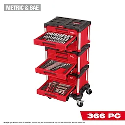 The 366pc. Master Mechanics Hand Tool Set with PACKOUT™ Drawers and Dolly includes red tool drawers on a wheeled dolly. The image showcases three open drawers containing a variety of tools, such as sockets, wrenches, and screwdrivers. The label "Metric & SAE" is visible, specifying measurement units.