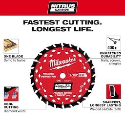 The 7-1/4” 24T NITRUS™ Carbide Framing & Demolition Circular Saw Blade by Milwaukee is shown. Features include diamond vents for cool cutting, welded carbide teeth for durability, and versatility from demo to frame. It offers unrivaled sharpness and durability, handling over 400 nails, screws, and shingles.
