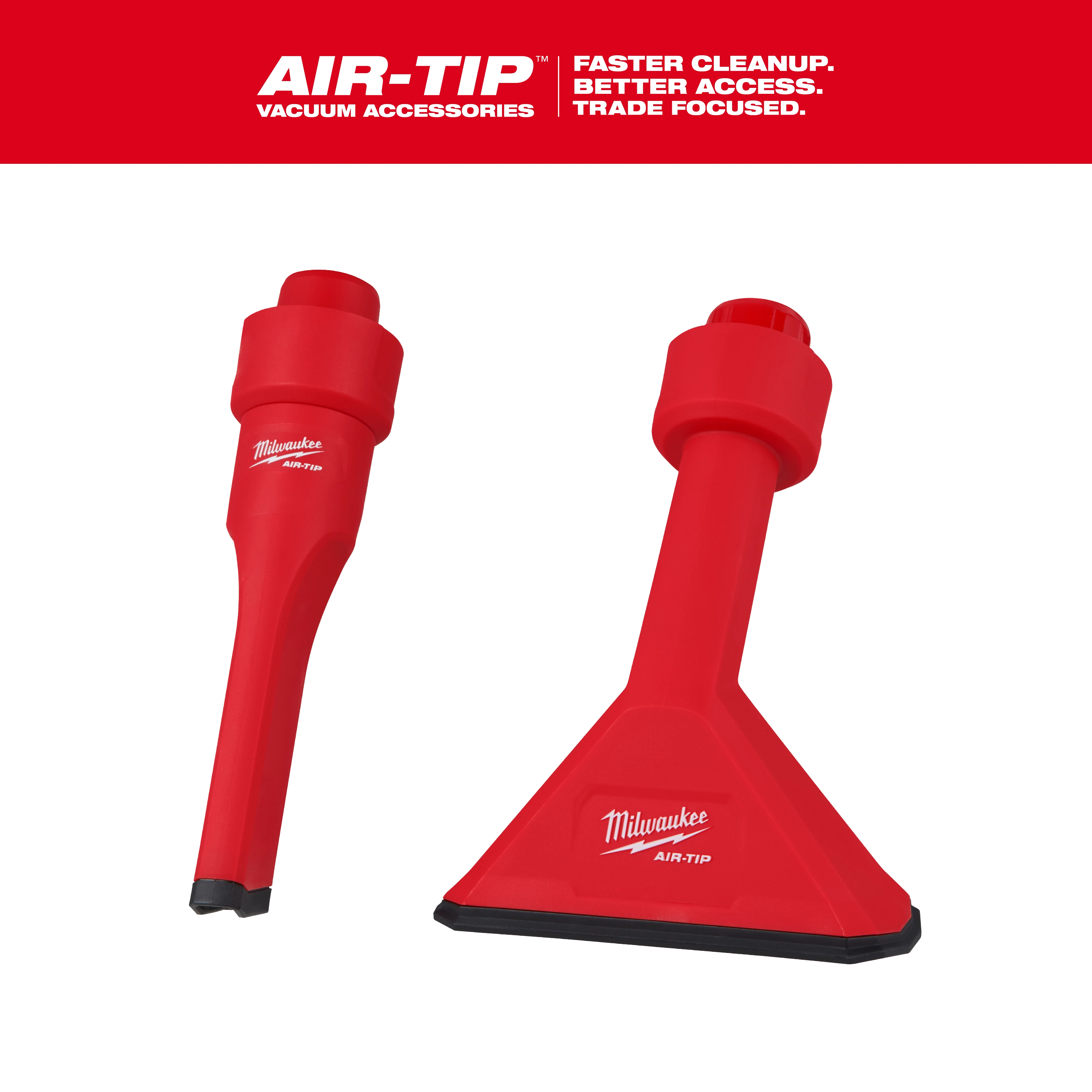 The image shows the AIR-TIP™ Non-Marring Utility Nozzle Kit, which includes two red, non-marring vacuum accessories by Milwaukee. The top section reads: "AIR-TIP™ Vacuum Accessories - Faster Cleanup. Better Access. Trade Focused."