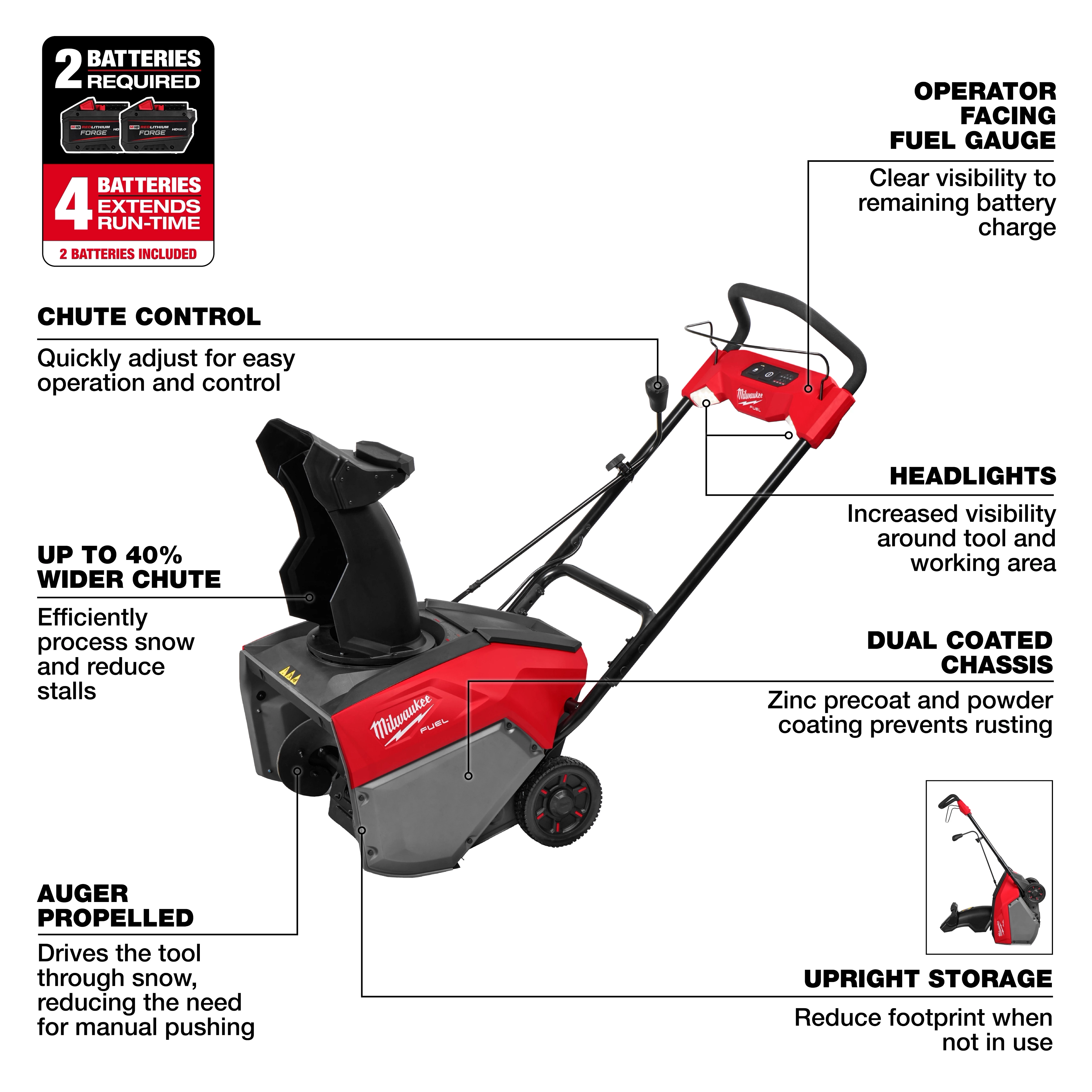 The M18 FUEL™ 21" Auger Propelled Dual Battery Single Stage Snow Blower features a chute control, wide chute, operator-facing fuel gauge, headlights, and dual coated chassis. It is auger propelled for efficient snow removal and can be stored upright. Two batteries are required and two more can extend runtime.

