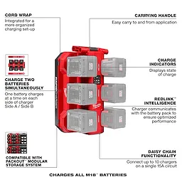 Image of the M18™ Six Bay Daisy Chain Rapid Charger displaying six battery slots, charge indicators, a cord wrap, and a carrying handle. The charger highlights include the ability to charge two batteries simultaneously, REDLINK™ intelligence, and daisy chain functionality, compatible with PACKOUT™ modular storage systems.