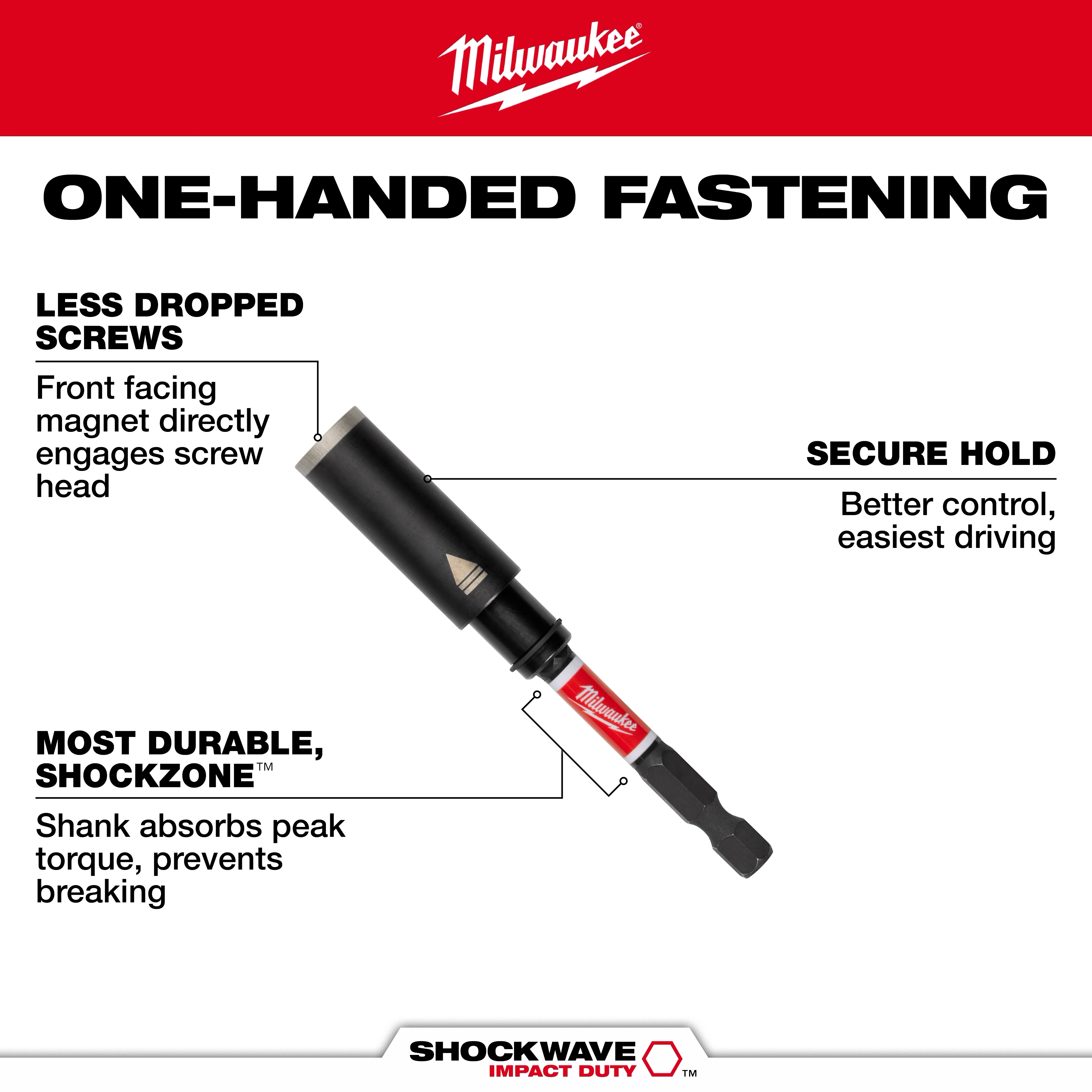 The image features a Milwaukee branded screwdriver bit labeled "ONE-HANDED FASTENING." It highlights key features including a front-facing magnet for less dropped screws, a secure hold for better control, and a durable Shockzone shank for absorbing peak torque and preventing breaking.