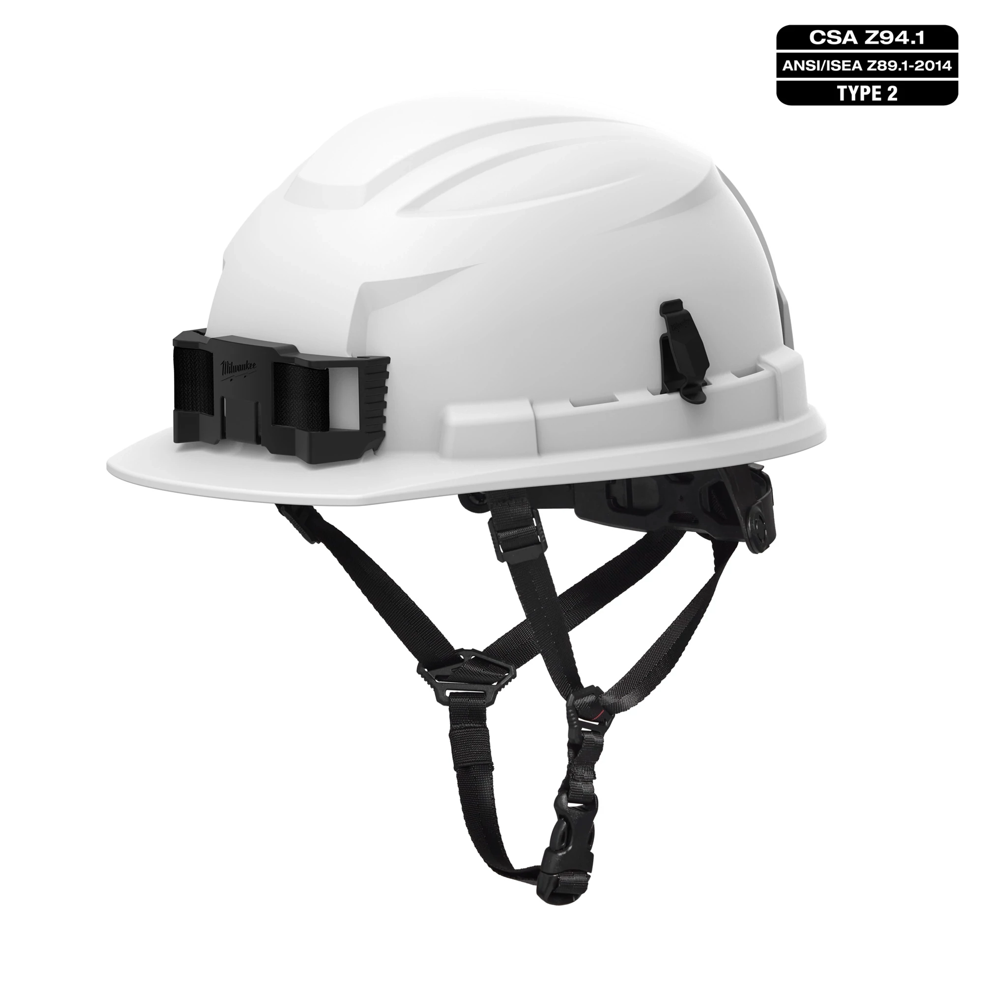 BOLT 4PT White Front Brim Non-Vented Safety Helmet - Type 2, Class E. Features adjustable straps and compliance labels.