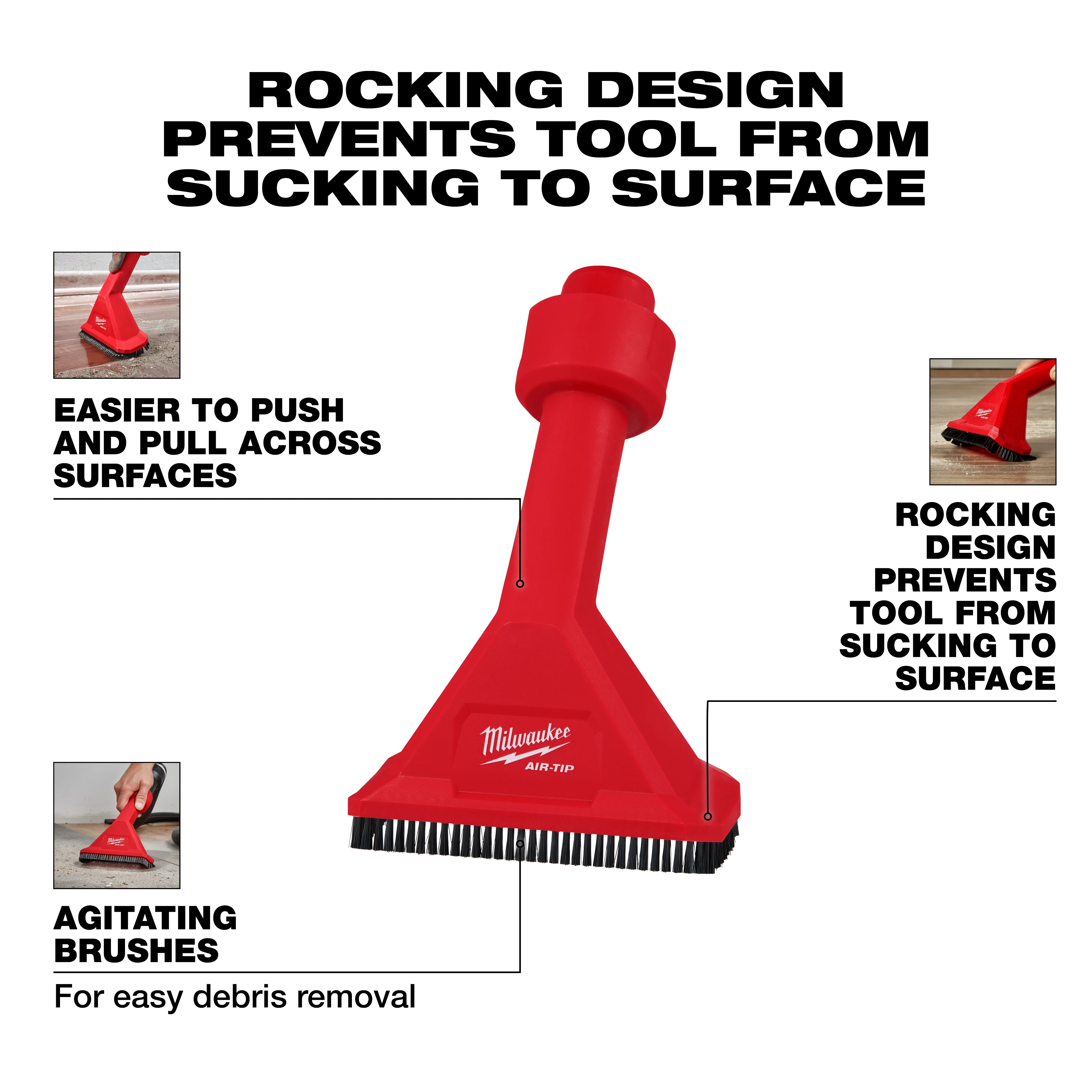 Image of AIR-TIP™ Rocking Utility Nozzle w/ Brushes, featuring labels explaining benefits: "Easier to push and pull across surfaces," "Agitating brushes for easy debris removal," and "Rocking design prevents tool from sucking to surface." The nozzle is red with "Milwaukee AIR-TIP" branding.