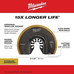 Milwaukee blade 49-25-1271 OMT Walkaround Image Reel Refresh with universal open-lok anchor and titanium-enhanced edge, 3-1/2" diameter.