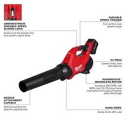 Red Milwaukee leaf blower with features highlighted, including speed trigger, brushless motor, ambidextrous speed lock, nozzle attachment, and hang hook.