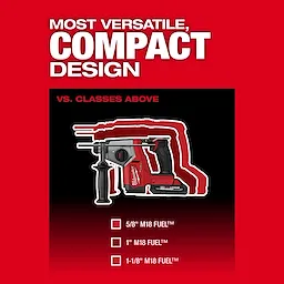 An image of a red and black M18 FUEL™ 5/8" SDS Plus Rotary Hammer promoting its compact design. The text above reads "Most Versatile, Compact Design," and the graphic compares its size to larger models: 1" M18 FUEL™ and 1-1/8" M18 FUEL™.
