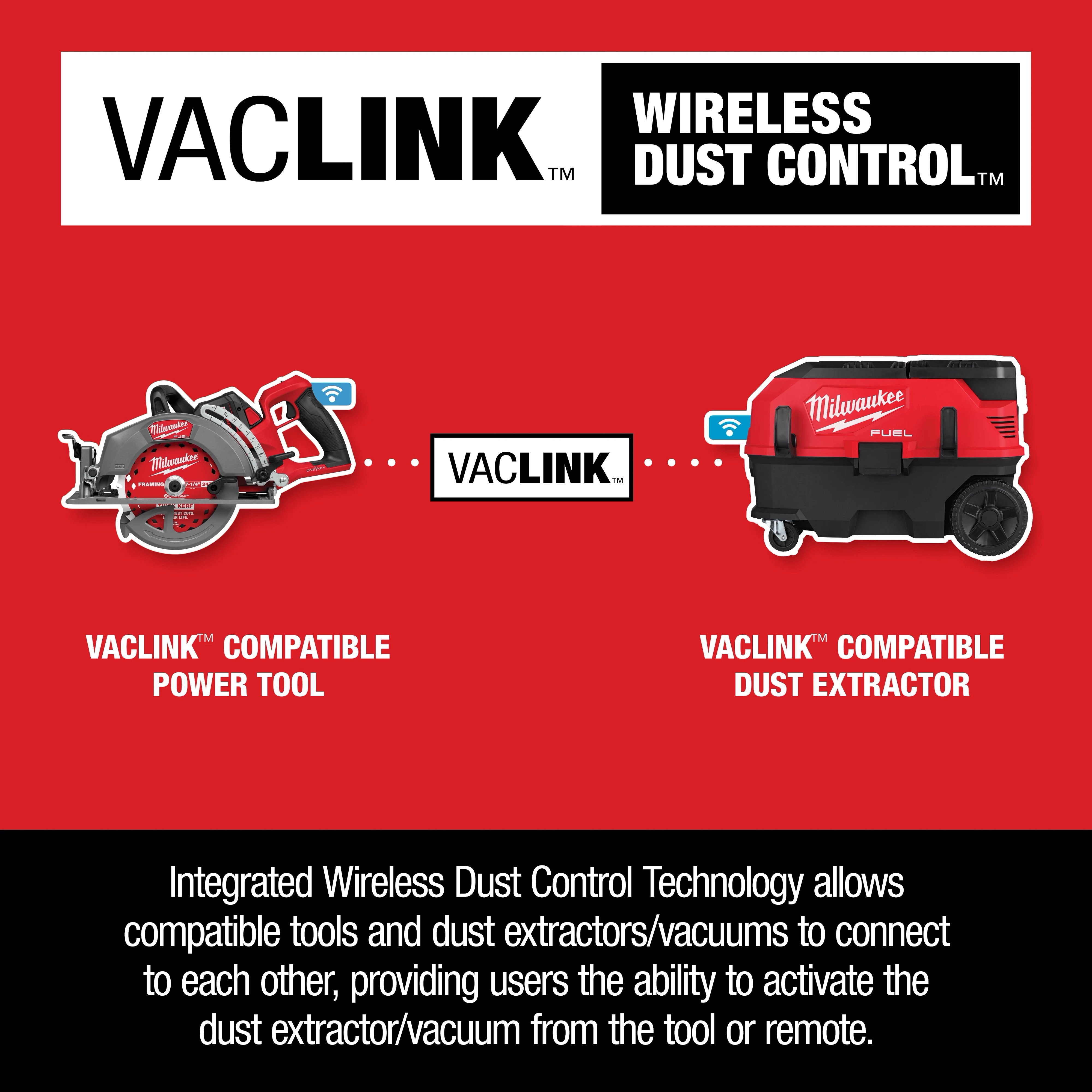 M18 FUEL 7-1/4" Rear Handle Circular Saw w/ONE-KEY shown alongside VACLINK compatible dust extractor for wireless dust control.
