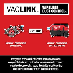 M18 FUEL 7-1/4" Rear Handle Circular Saw w/ONE-KEY shown alongside VACLINK compatible dust extractor for wireless dust control.