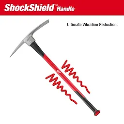 5lb Pick Mattock (36" Handle) with a red and black ShockShield handle, designed for ultimate vibration reduction.
