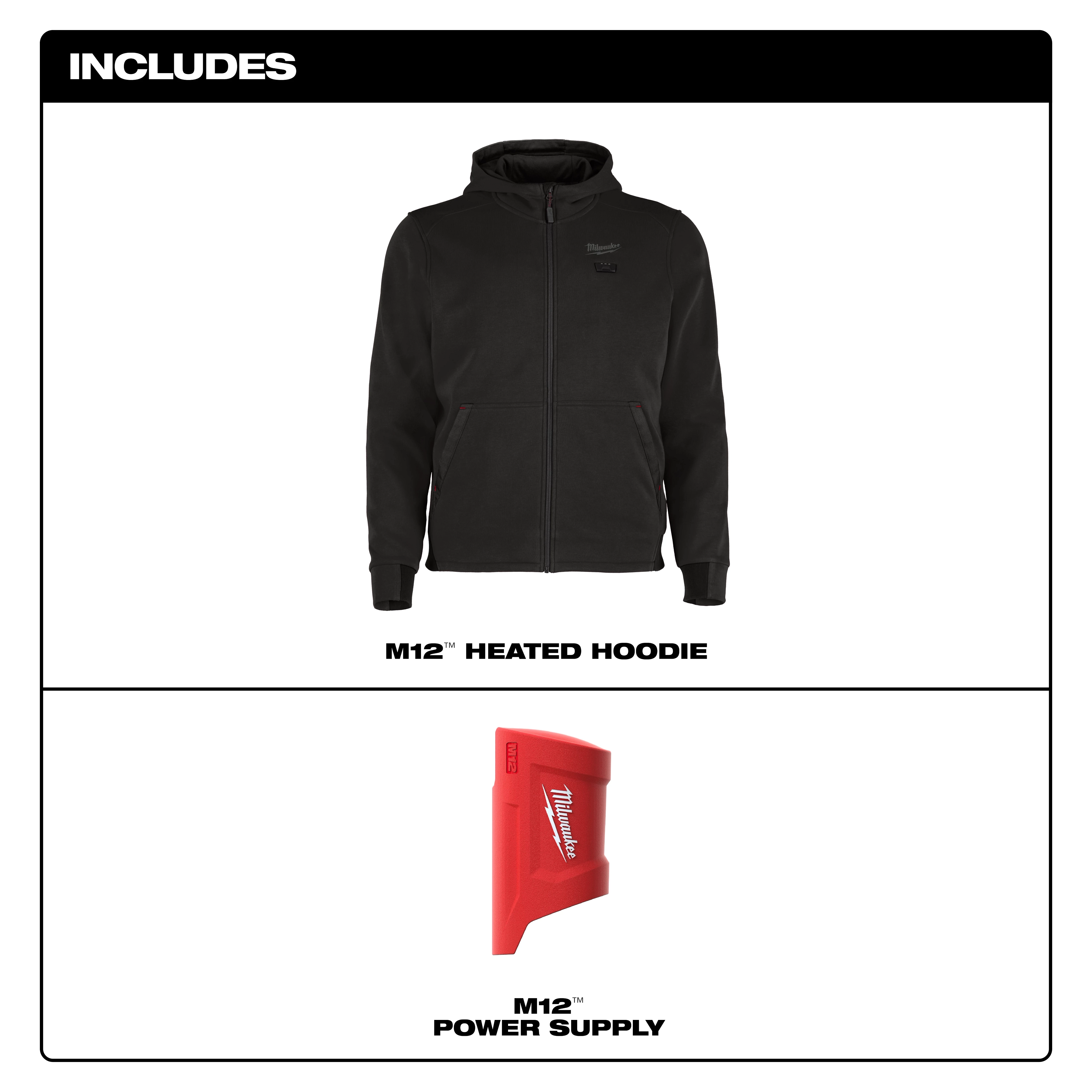 The M12™ Heated Hoodie is a black zip-up hoodie displayed above a red M12™ Power Supply.