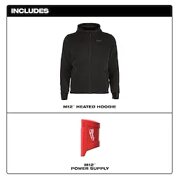 The M12™ Heated Hoodie is a black zip-up hoodie displayed above a red M12™ Power Supply.