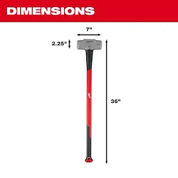 10lb Sledge Hammer (36" Handle) with a 7" wide head, 2.25" thick, and a red and black handle. Dimensions are indicated.