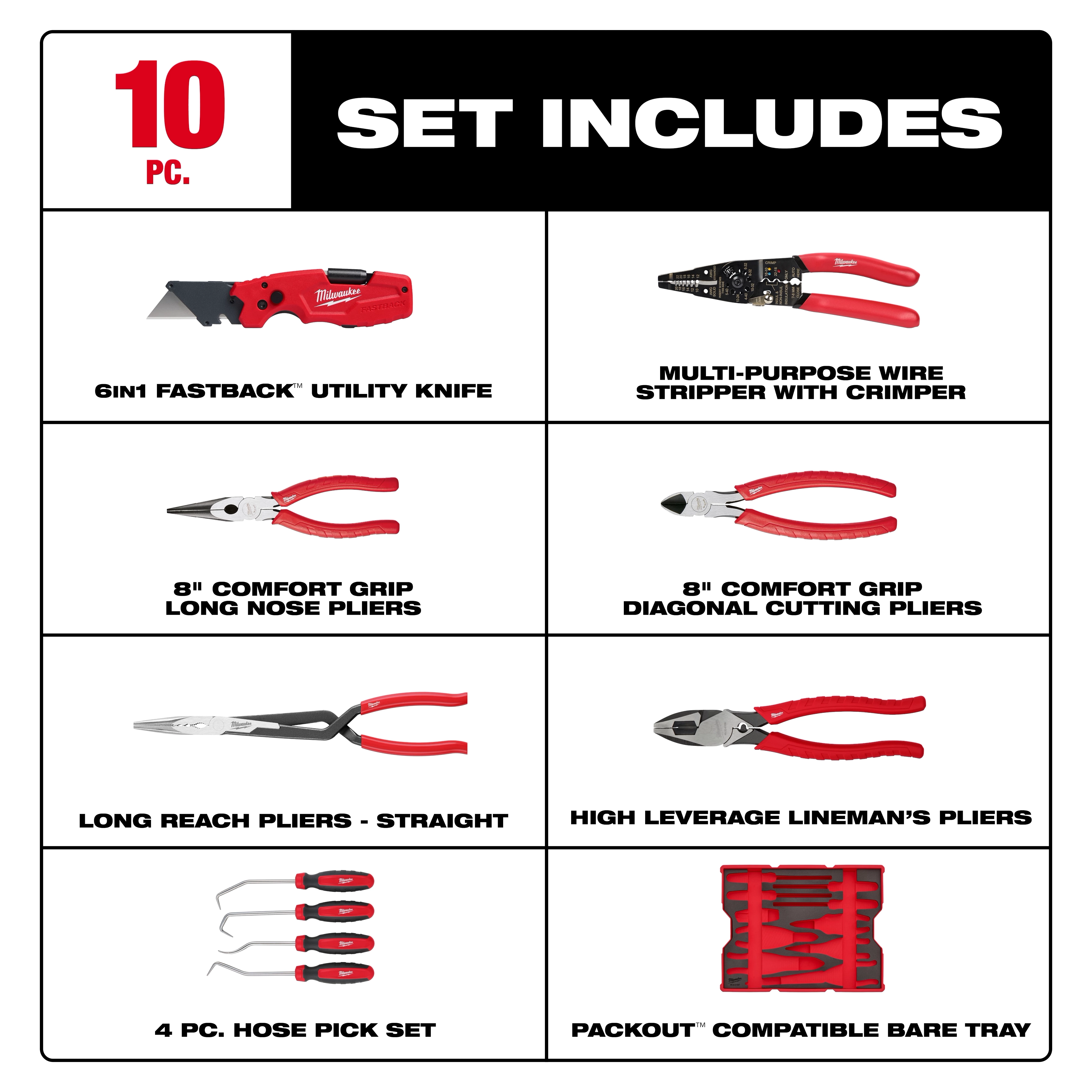 The image lists tools included in a 10-piece set: 6in1 Fastback utility knife, multi-purpose wire stripper with crimper, 8" comfort grip long nose pliers, 8" comfort grip diagonal cutting pliers, long reach pliers - straight, high leverage lineman’s pliers, 4 pc. hose pick set, Bare Tray for 17pc. Screwdriver & Pry Bar Set for PACKOUT™ Drawers.
