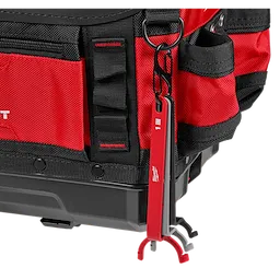 The 3 PC Locknut Wrench Set, consisting of three red wrenches joined by a black ring, is attached to a red and black tool bag. The set is designed for durability and convenience.