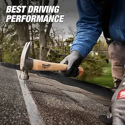 Worker using a 16oz Smooth Face Hickory Handle Hammer on roof shingles under text reading BEST DRIVING PERFORMANCE.