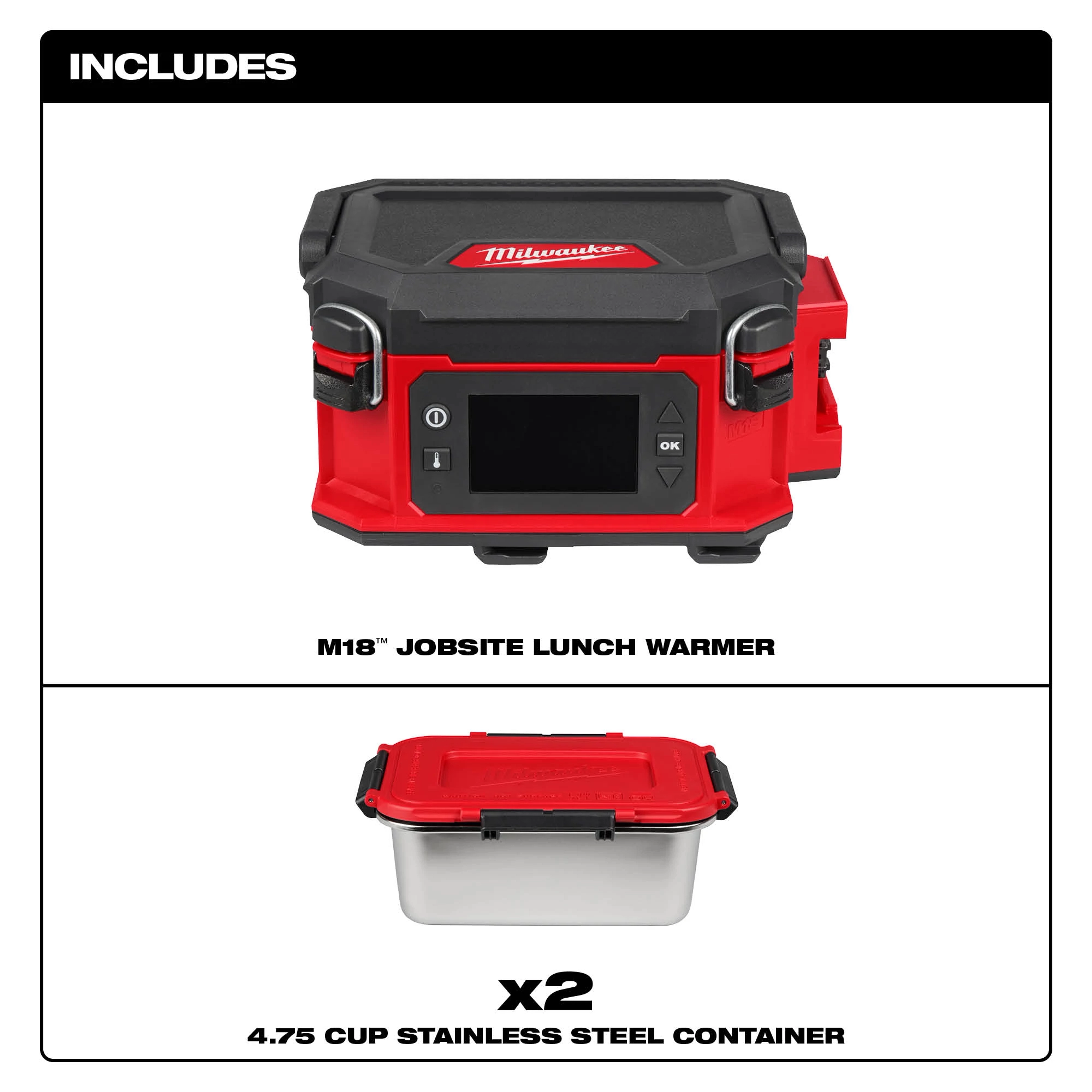 M18 Jobsite Lunch Warmer with digital display and two stainless steel food containers with lids.