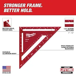 Image of a 12" Rafter Square highlighting its features. It has high visibility laser etched markings, a durable aluminum body, 1/8" scribe notches from 1" to 10", and a wider heel for better hold. The product is made in the USA and comes with a limited lifetime warranty.