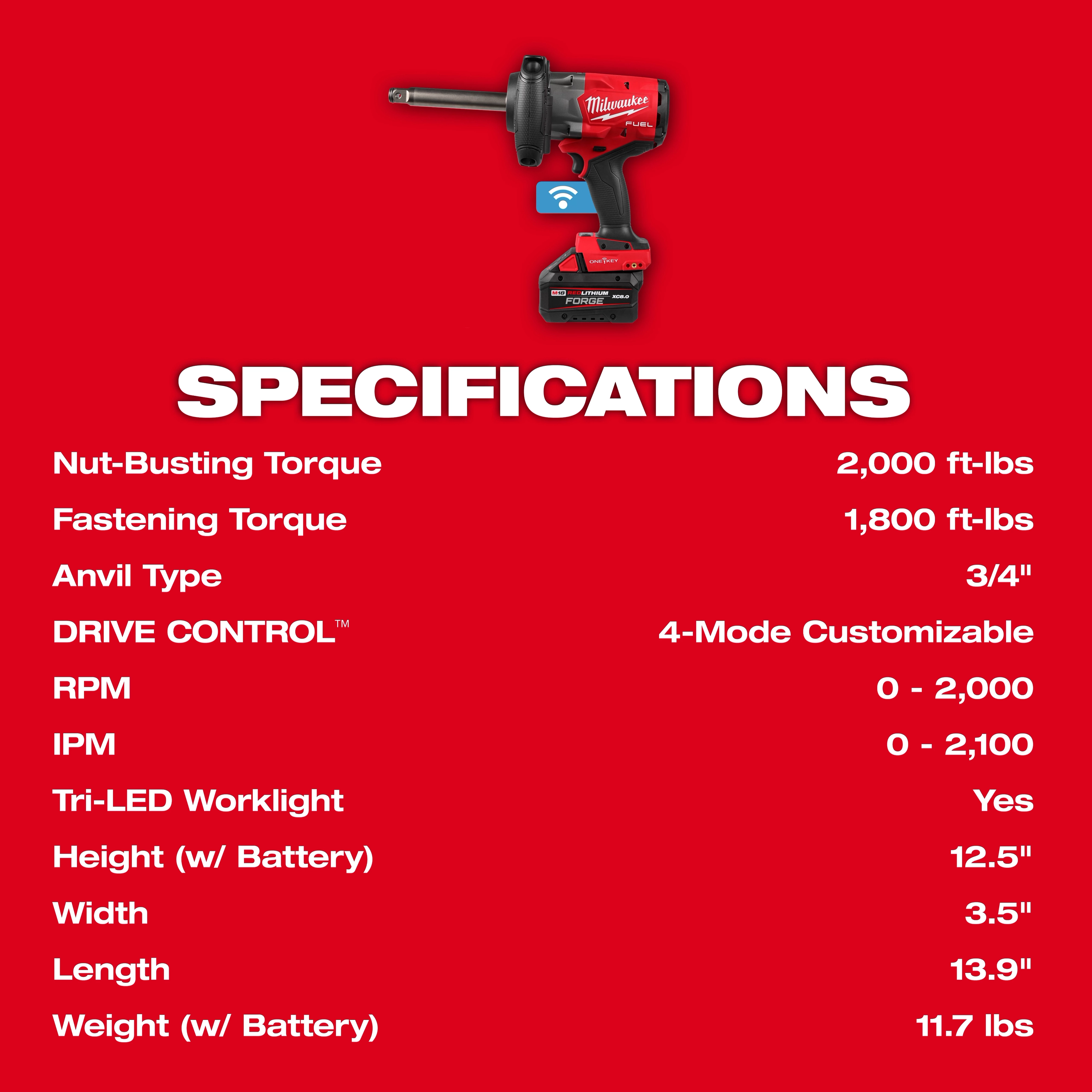 M18 FUEL 3/4" Extended Anvil High Torque Impact Wrench w/ ONE-KEY Kit above a list of specifications.