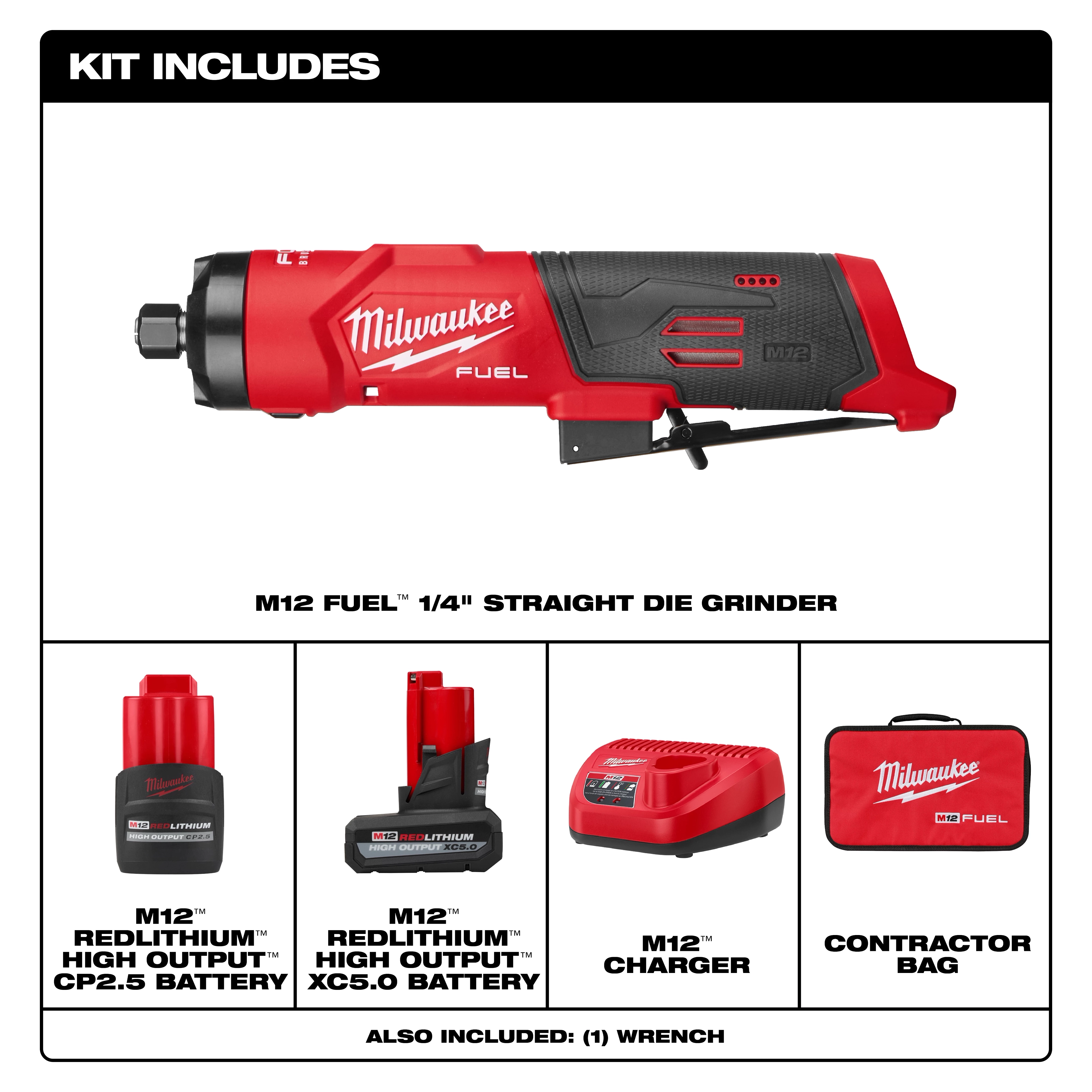 M12 FUEL 1/4" Straight Die Grinder kit with grinder, two batteries, charger, wrench, and contractor bag.