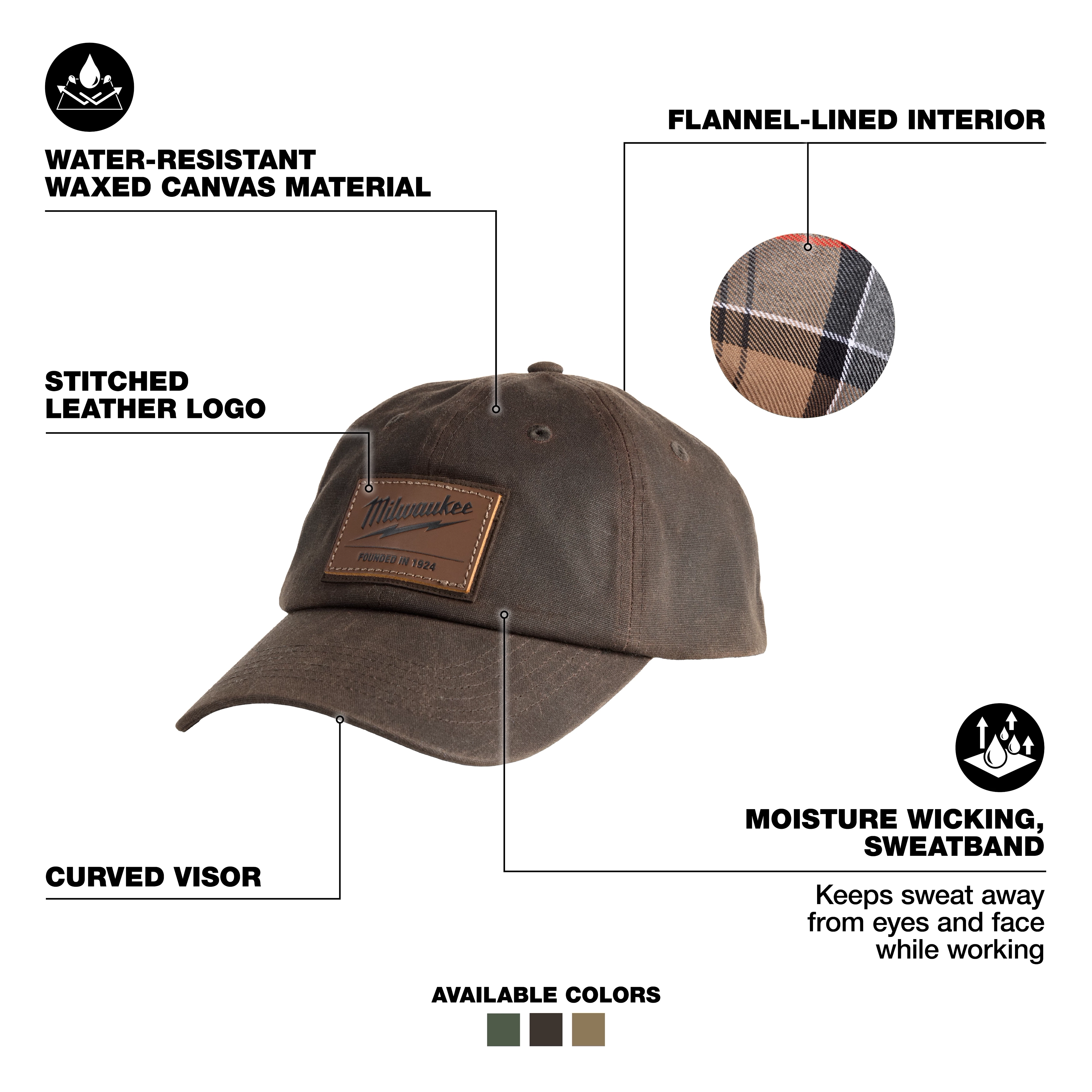 Waxed Canvas Adjustable Hat - Brown with flannel-lined interior, moisture-wicking sweatband, curved visor, and stitched leather logo.