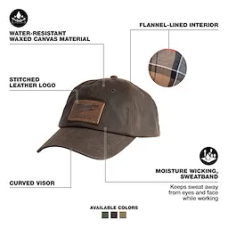 Waxed Canvas Adjustable Hat - Brown with flannel-lined interior, moisture-wicking sweatband, curved visor, and stitched leather logo.