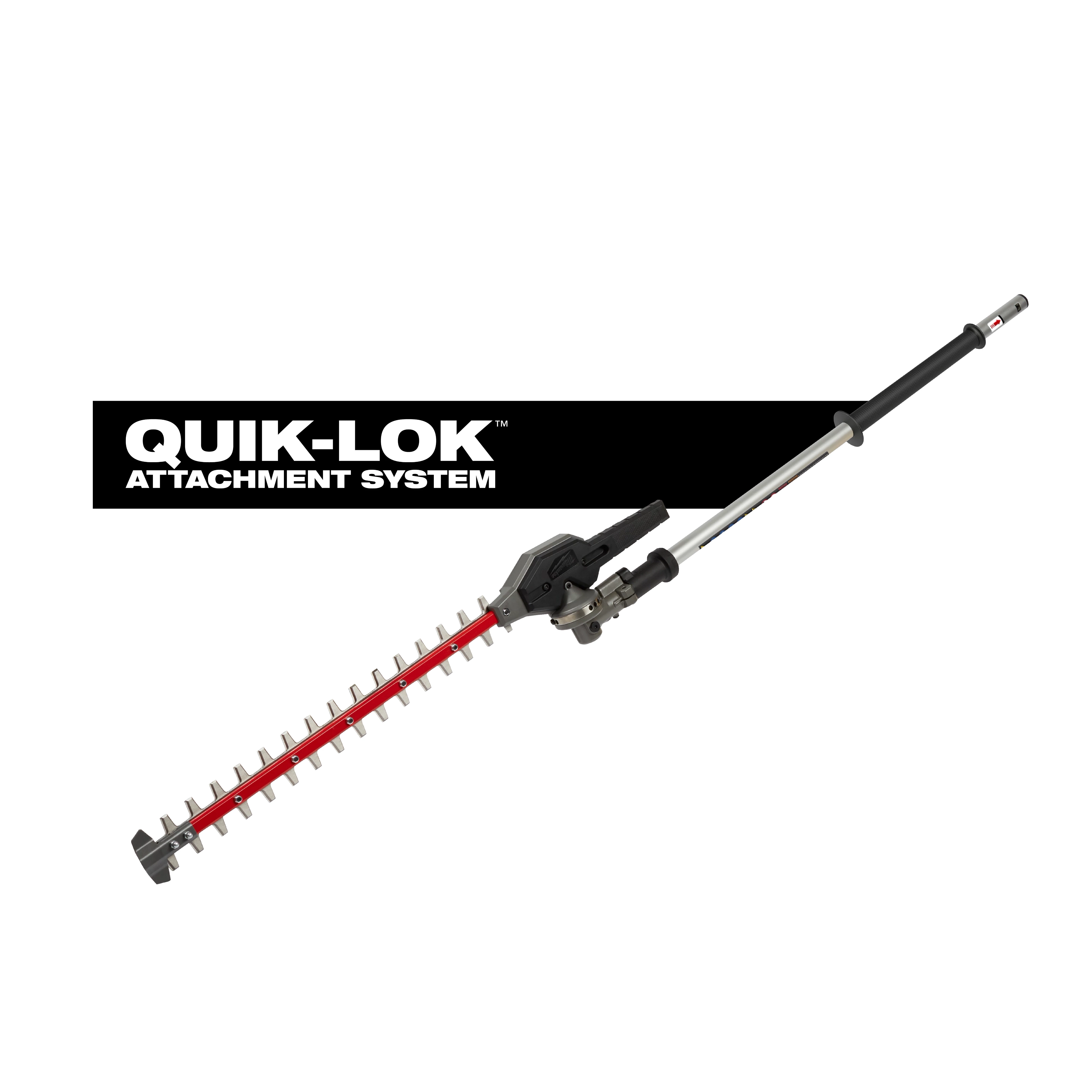 QUIK-LOK Pole Articulating Hedge Trimmer Attachment with long pole and red-bladed trimmer head on white background.