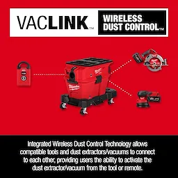 The M18 FUEL™ NEXUS™ 6 Gallon Wet/Dry Vacuum w/ PACKOUT™ Compatibility & VACLINK™ features integrated wireless dust control technology, connecting the vacuum to compatible tools, allowing remote or tool activation. Its red and black design is shown with other tools indicating wireless connectivity.
