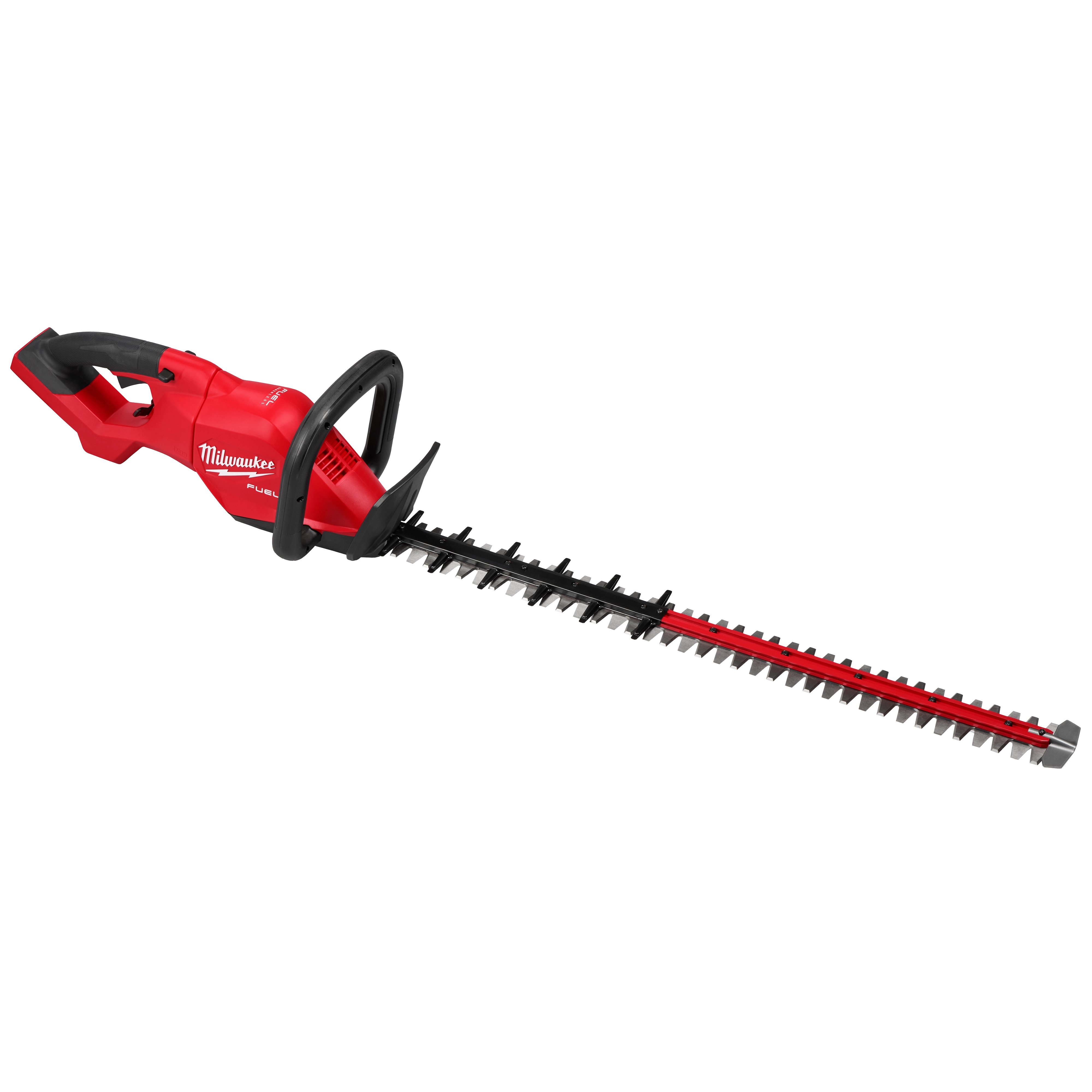 Red Milwaukee hedge trimmer with a long dual-action blade, black handle, and safety guard.