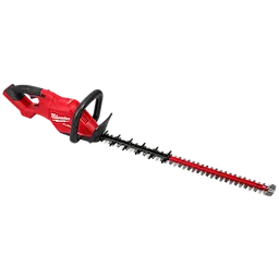 Red Milwaukee hedge trimmer with a long dual-action blade, black handle, and safety guard.