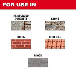 A poster showcasing the DIAMOND MAX™ Segmented Turbo, General Purpose Diamond Blade. It is recommended for use in cutting reinforced concrete, stone, brick, roof tile, and block. The image displays photos of these materials: reinforced concrete, stone, brick, roof tile, and block.