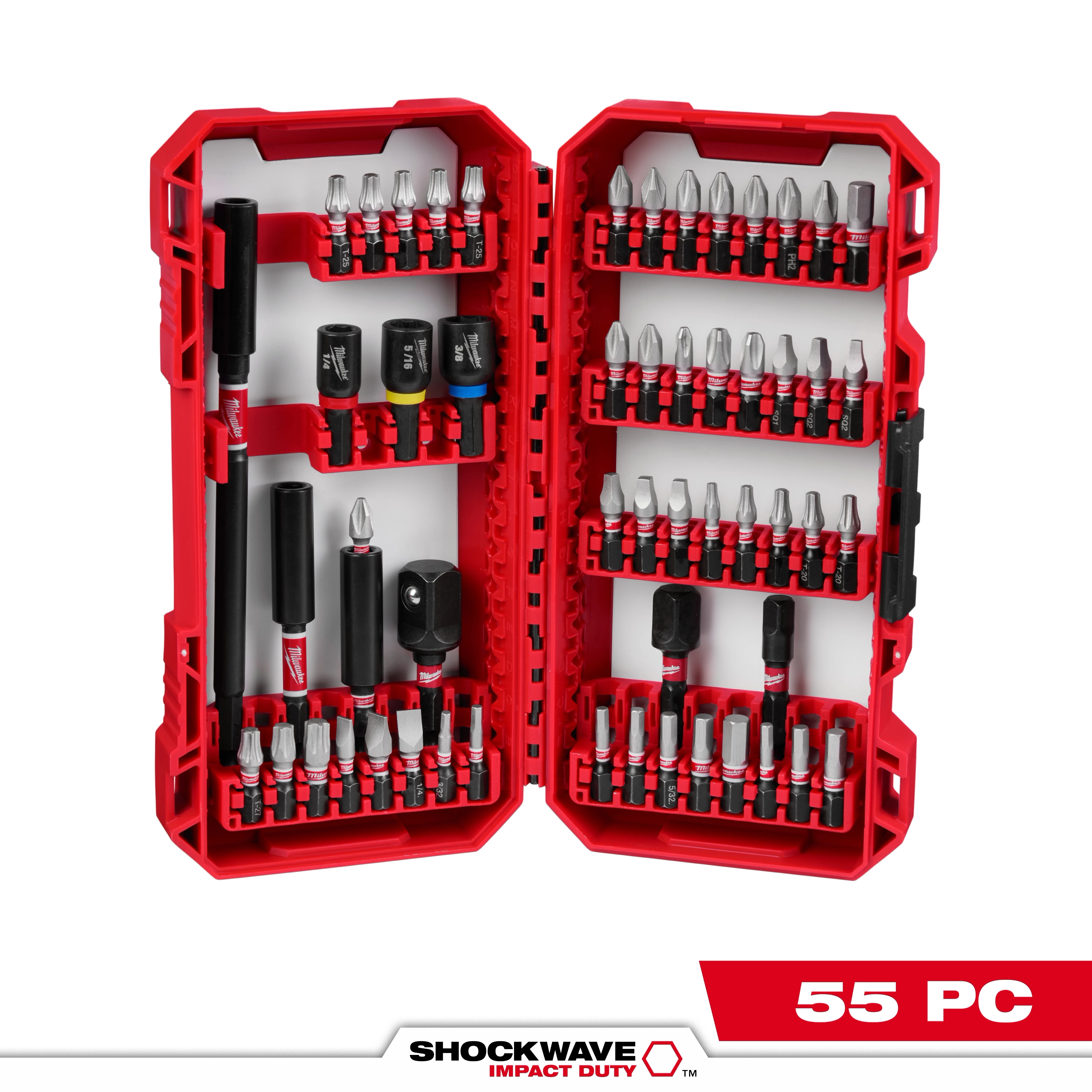 The SHOCKWAVE™ Impact Duty Driver Bit Set - 55PC is displayed in a red, hard plastic case with multiple compartments. The set includes various driver bits, sockets, and accessories organized neatly inside the case. The case has the brand logo and "55 PC" label on the bottom-right corner.