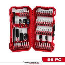The SHOCKWAVE™ Impact Duty Driver Bit Set - 55PC is displayed in a red, hard plastic case with multiple compartments. The set includes various driver bits, sockets, and accessories organized neatly inside the case. The case has the brand logo and "55 PC" label on the bottom-right corner.