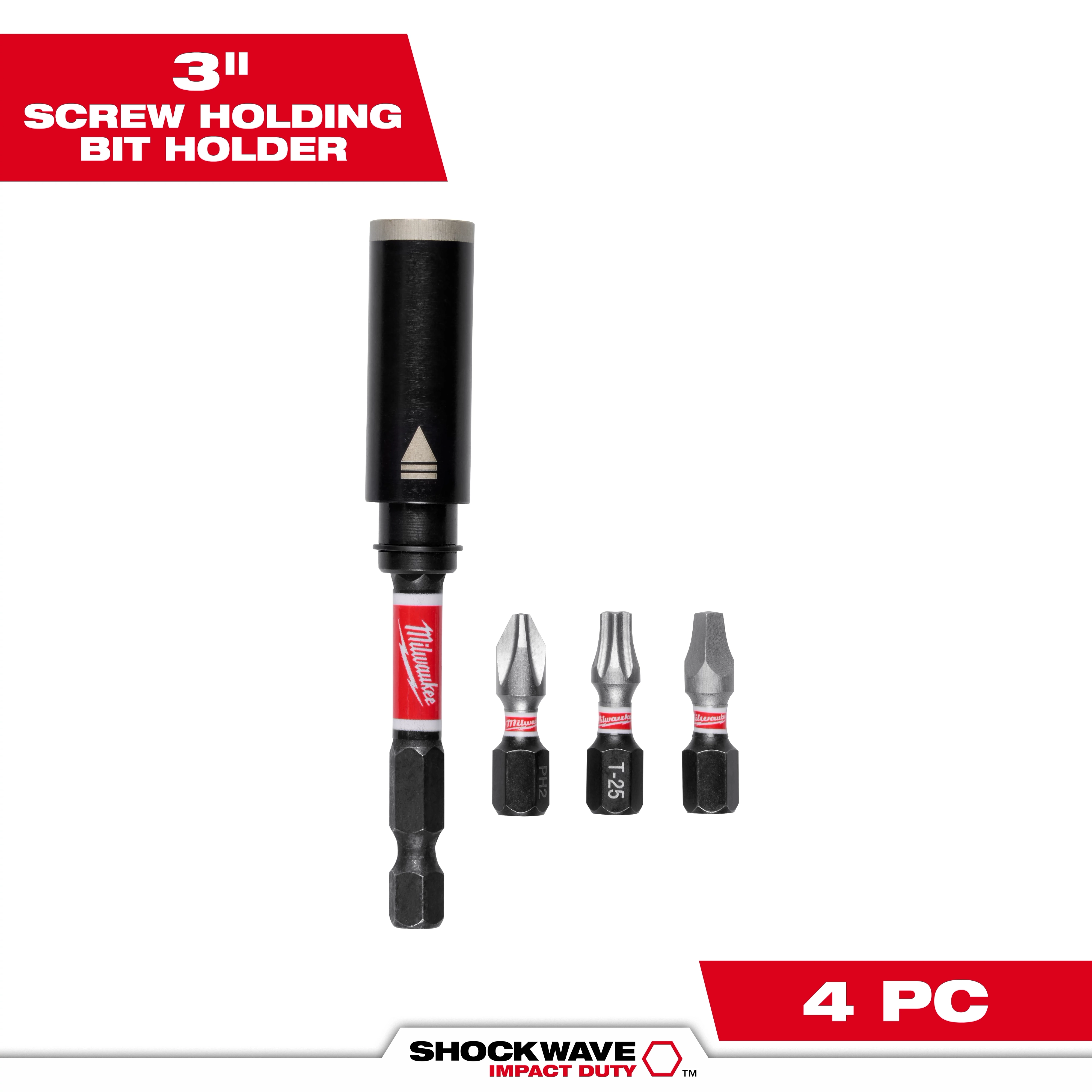 The image shows a set of four Milwaukee Shockwave Impact Duty screwdriver bits, titled "3-inch Screw Holding Bit Holder." The set includes one bit holder and three different types of screwdriver bits. The packaging highlights "4 PC" in the bottom right corner.