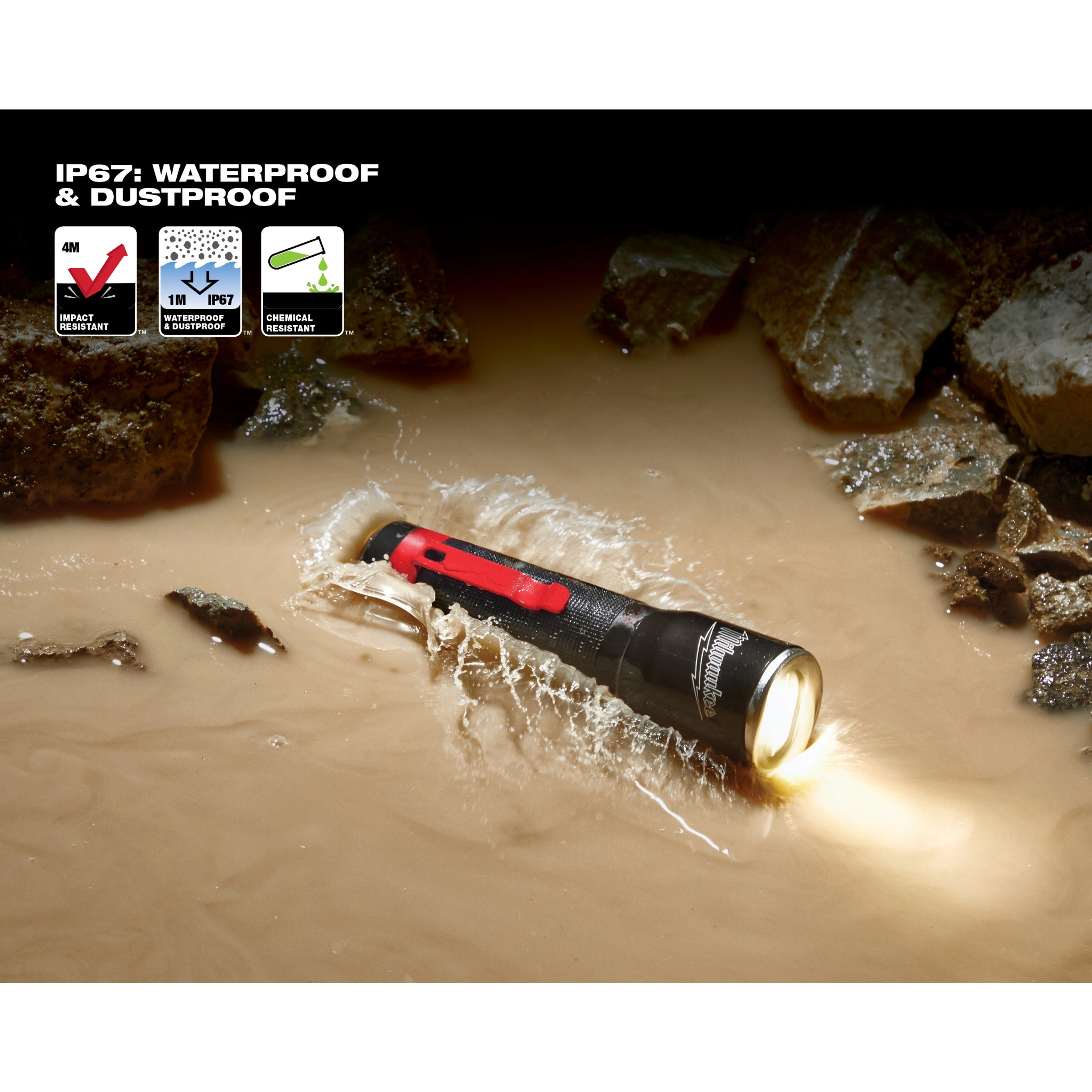 App%20Shot%20with%20overlay showing waterproof and dustproof flashlight illuminated in muddy water, demonstrating its durability.