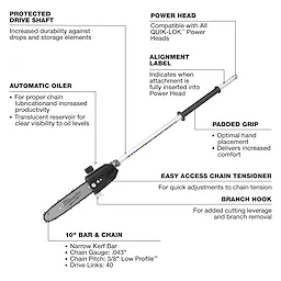 M18 FUEL QUIK-LOK 10" Pole Saw Attachment with long shaft, padded grip, and labeled features on a plain background.
