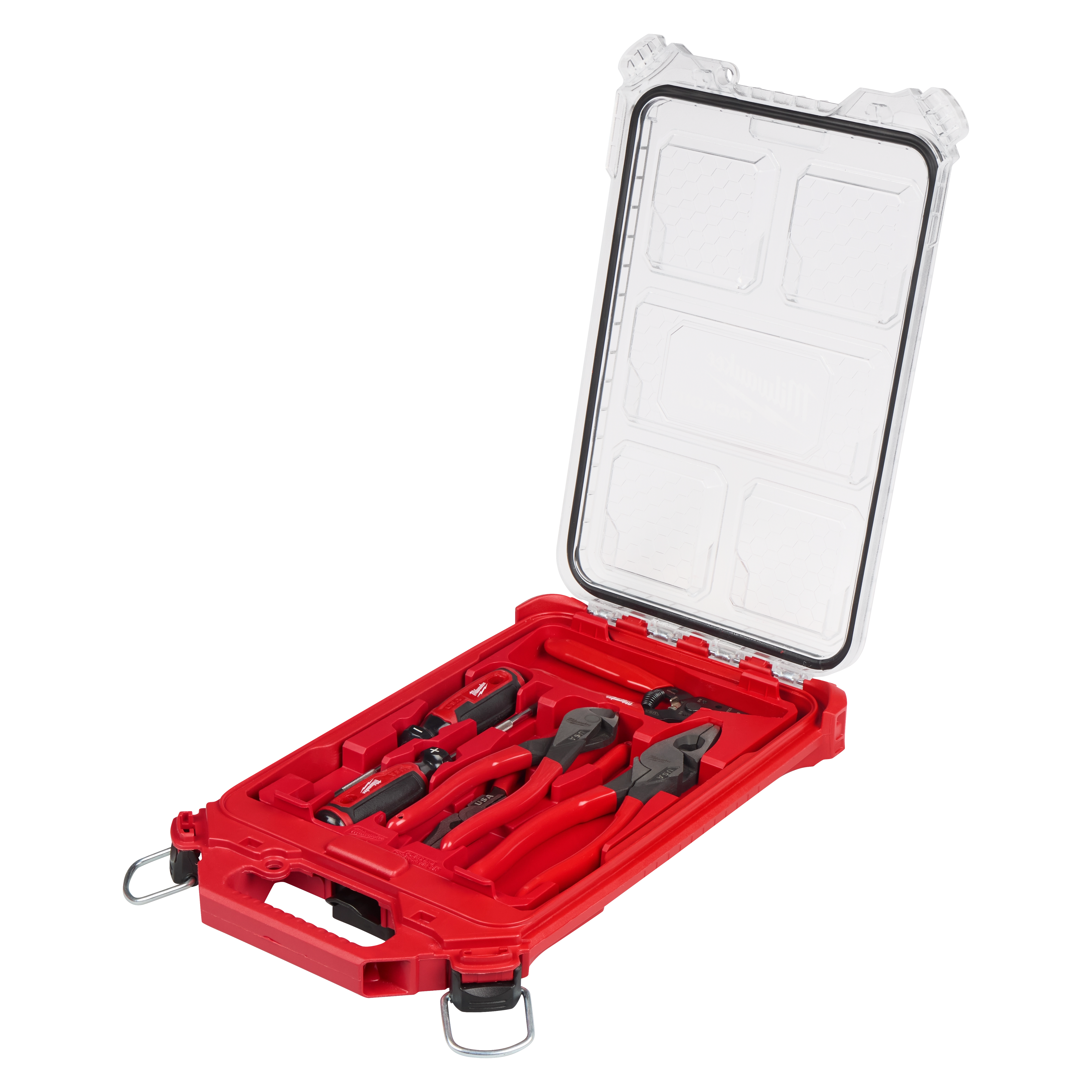 6 PC. Dipped Grip Pliers, Wire Stripper, & Cushion Grip Screwdrivers Set(USA) w/ PACKOUT Low-Profile Compact Organizer in case.