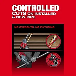 The image advertises the Milwaukee M12 Pipe Cutter. It highlights the product’s ability to make controlled cuts on both installed and new pipes without overcuts or the need for fixturing. The red background features illustrations of the tool in use.